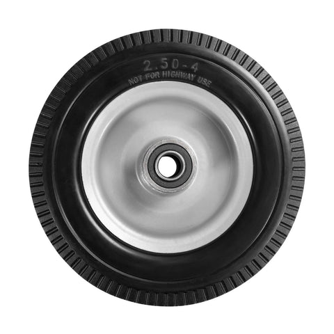 Front view of 8-inch solid tire replacement - 2.50-4" flat free tire for gorilla carts, showing wheel and 5/8" bearing hub.