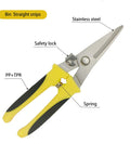 8 Inch Heavy Duty Aviation Tin Snips With Stainless Steel Blade And Comfort Grips for straight cutting, labeled components.