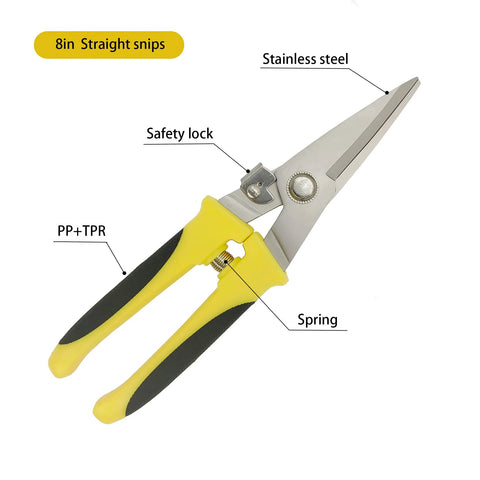 8 Inch Heavy Duty Aviation Tin Snips With Stainless Steel Blade And Comfort Grips for straight cutting, labeled components.