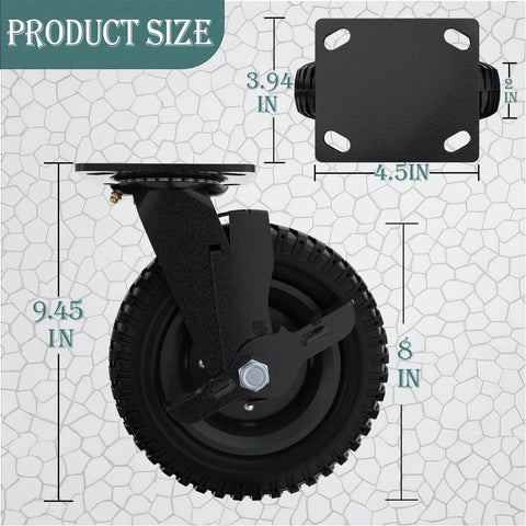 Product size diagram of ✝️ Swivel heavy duty caster wheel, 8 inch*2, 1000lb capacity, with black rim and solid rubber tire.