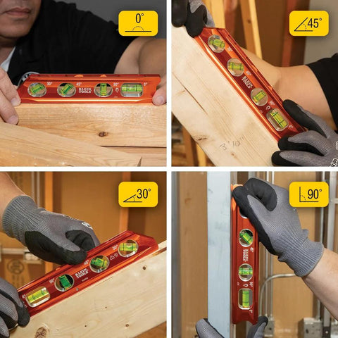 8 Inch Billet Magnetic Torpedo Level with V Groove for precise 0 30 45 90 degree readings, tapered nose, orange body, magnet track.