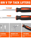 Close-up of 8-inch V Tip Tack Lifters with V-straight and V-bend designs, featuring CR-V material, magnetic tips, and TPR handle.