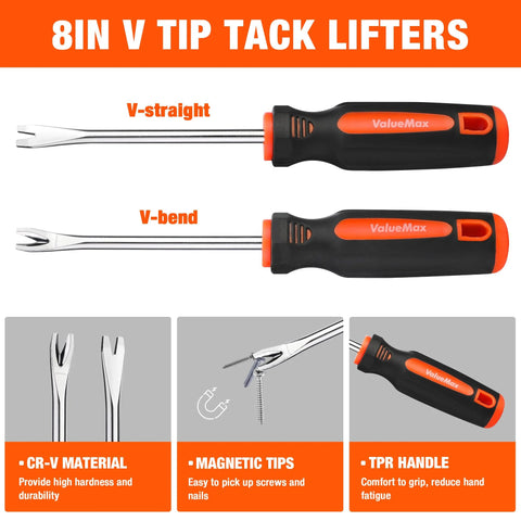 Close-up of 8-inch V Tip Tack Lifters with V-straight and V-bend designs, featuring CR-V material, magnetic tips, and TPR handle.