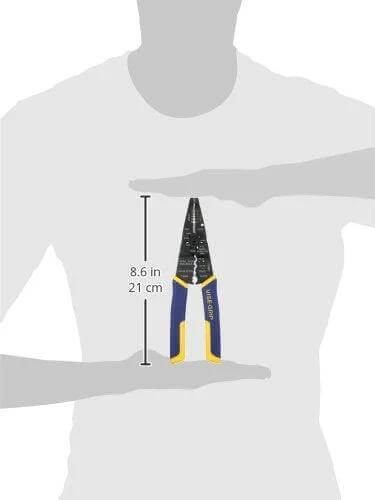 Wire Stripper And Crimper With ProTouch Grip, 8-Inch, Cuts 10-22 AWG, held to show size comparison, induction hardened cutting edge