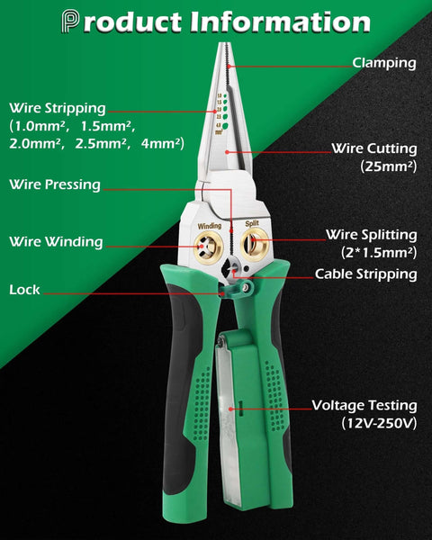 8 In 1 Wire Stripper With Voltage Tester For 10-18 AWG Wires, featuring pliers, crimper, cutters, and wire splitting tool with labels.
