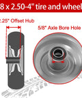 Diagram showing 8x2.50-4 tire and wheel with 2.25" offset hub and 5/8" axle bore hole for 8-inch solid tire replacement.
