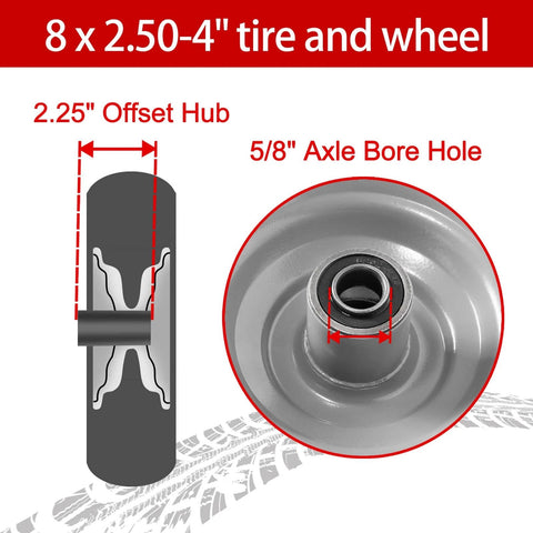 Diagram showing 8x2.50-4 tire and wheel with 2.25" offset hub and 5/8" axle bore hole for 8-inch solid tire replacement.