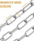 Close-up of 8M Galvanized Metal Coil Chain, 1/8In × 26.25Ft Heavy Duty Chain Links 3mm Small Metal Chain Link, size labeled
