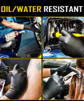 8 Mil Disposable Nitrile Gloves With Diamond Textured Grip 100 Count, shown used in automotive and painting tasks, black color