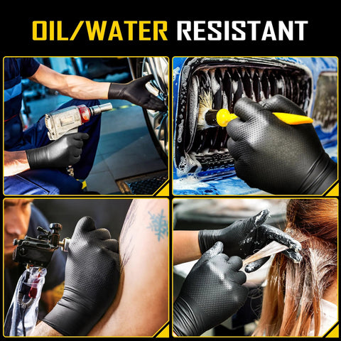 8 Mil Disposable Nitrile Gloves With Diamond Textured Grip 100 Count, shown used in automotive and painting tasks, black color