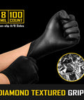 8 Mil Disposable Nitrile Gloves With Diamond Textured Grip 100 Count shown in use, emphasizing non-slip grip and 8 mil thickness.