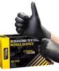 Gloved hands wearing 8 Mil Disposable Nitrile Gloves With Diamond Textured Grip 100 Count, showing thumbs up next to the packaging.
