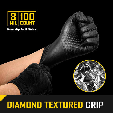 8 Mil Nitrile Gloves With Diamond Grip For Mechanic Work And Cleaning 100 Ct, showing black textured surface for enhanced grip.