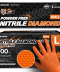 Packaging of 8 Mil Nitrile Powder Free Gloves Diamond Textured Heavy Duty Orange 100Pcs with glove demonstrating diamond texture