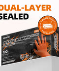 Box of 8 Mil Nitrile Powder Free Gloves Diamond Textured Heavy Duty Orange 100Pcs with dual-layer sealed packaging.