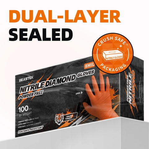 Box of 8 Mil Nitrile Powder Free Gloves Diamond Textured Heavy Duty Orange 100Pcs with dual-layer sealed packaging.