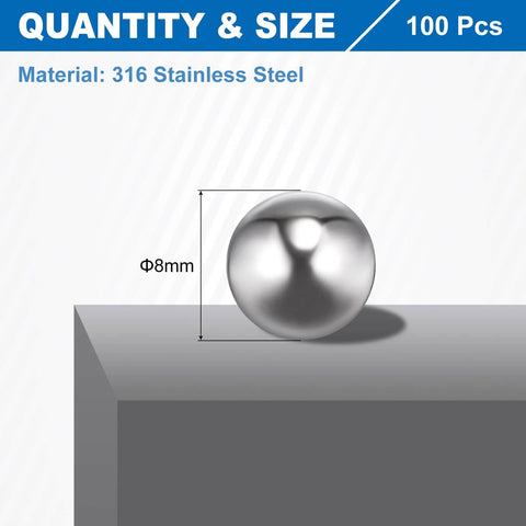 8mm Bearing Balls Set 100 Pcs 316 Stainless Steel G200 Precision Balls for bearings, bicycles, and casters, shown with size.