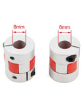 2 Pack Aluminum Plum Shaft Coupler 8mm To 8mm 20mm Diameter 25mm Length Flexible Motor Coupler shown with red inserts.