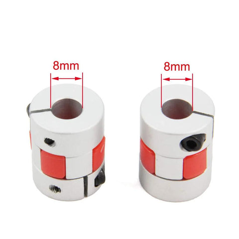 2 Pack Aluminum Plum Shaft Coupler 8mm To 8mm 20mm Diameter 25mm Length Flexible Motor Coupler shown with red inserts.