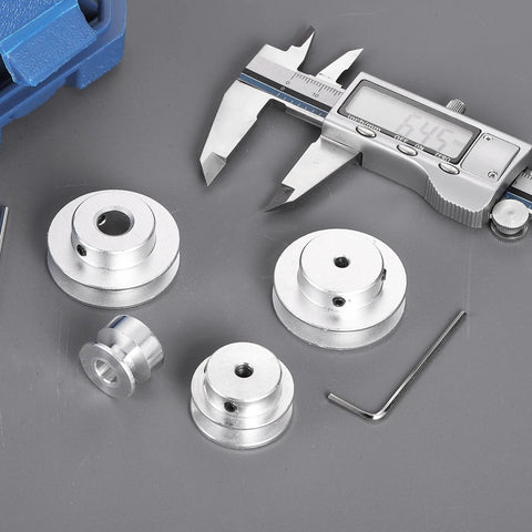 8mm Fixed Bore Aluminum Single Groove Pulley 20mm Outer Diameter for 5-6mm PU Belts shown with caliper and tools