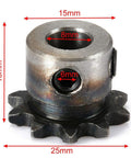 Two Pack 8mm Bore 10 Tooth Metal Pilot Motor Gear Sprocket for Roller Chain Drive, high strength durable gear with measurements.