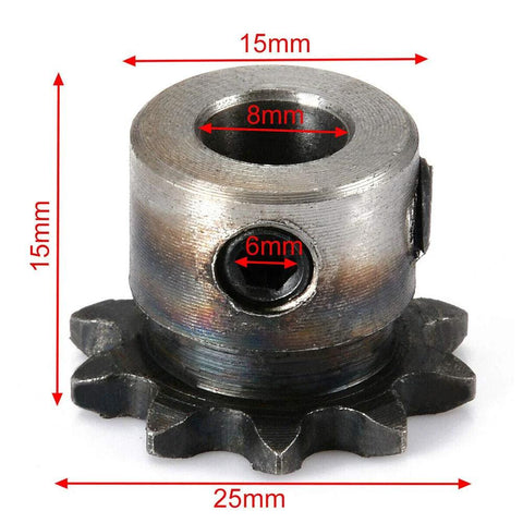 Two Pack 8mm Bore 10 Tooth Metal Pilot Motor Gear Sprocket for Roller Chain Drive, high strength durable gear with measurements.