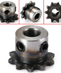 Close-up of Two Pack 8mm Bore 10 Tooth Metal Pilot Motor Gear Sprocket for roller chain drive, CNC projects, and DIY robots.