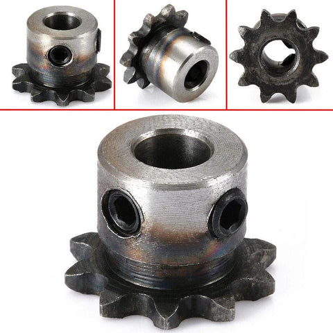 Close-up of Two Pack 8mm Bore 10 Tooth Metal Pilot Motor Gear Sprocket for roller chain drive, CNC projects, and DIY robots.