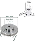 Diagram of Two Piece 2GT Synchronous Timing Pulley Set with 20 to 80 teeth and 8mm bore, showing dimensions and aluminum construction.