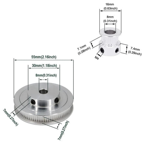 Diagram of Two Piece 2GT Synchronous Timing Pulley Set with 20 to 80 teeth and 8mm bore, showing dimensions and aluminum construction.