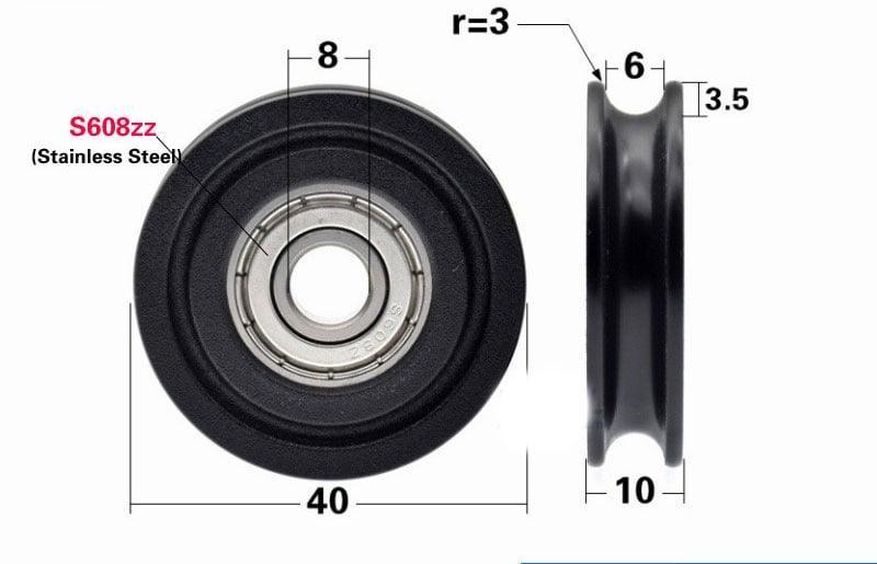 8mm Bore Bearing with OD 40mm U Groove Plastic Tire for Sliding Doors