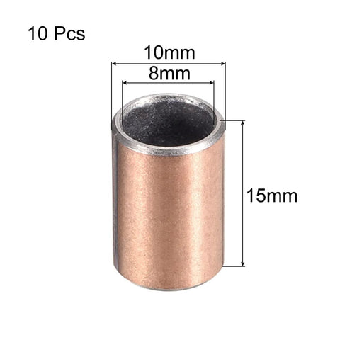 8mm Bore Sleeve Bearing 10mm Outside Diameter 15mm Length Oilless Bronze Sintered And Composite Coated Carbon Steel Base 10 Pieces