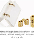 8 Pcs 8mm Hidden Brass Barrel Hinges for DIY jewelry boxes, 180 degree opening, polished brass, shown installed on clear acrylic