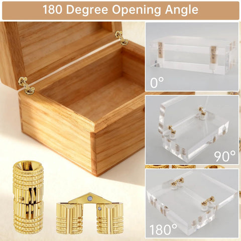8 Pcs 8mm Hidden Brass Barrel Hinges For DIY Jewelry Boxes And Hand Craft Projects, 180 Degree Opening illustration