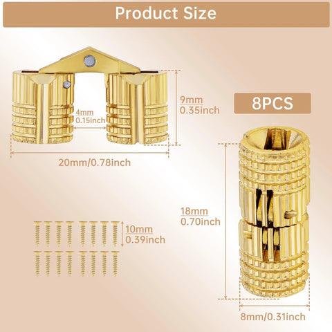 Product size chart of 8 Pcs 8mm Hidden Brass Barrel Hinges For DIY Jewelry Boxes And Hand Craft Projects, detailed dimensions shown.