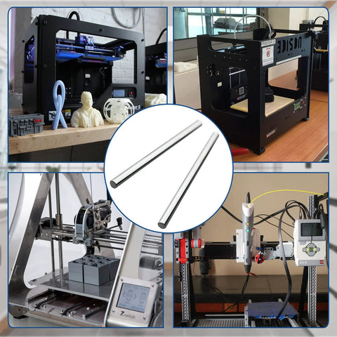 Two Pack 8mm x 150mm Chrome Linear Motion Rods for 3D printers with smooth, precise motion, shown alongside various 3D printing setups