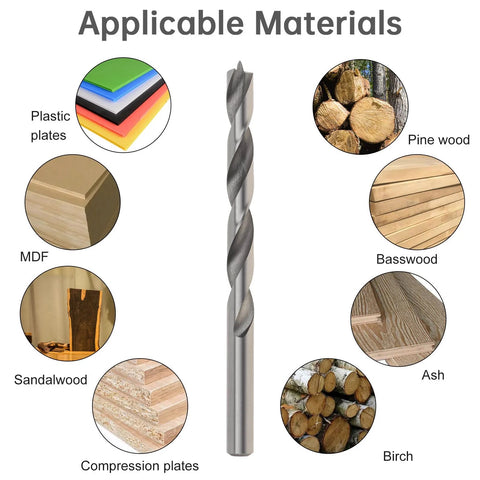 Drill bit surrounded by images of applicable materials like plastic, pine, basswood, MDF, sandalwood, compression plates, ash, and birch.