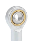 Close-up of 8mm rod end bearing with M8x1.25 female right hand thread, SI8T/K spherical rod end ball joint, carbon steel, chrome plated ball.