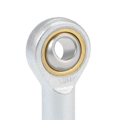 Close-up of 8mm rod end bearing with M8x1.25 female right hand thread, SI8T/K spherical rod end ball joint, carbon steel, chrome plated ball.