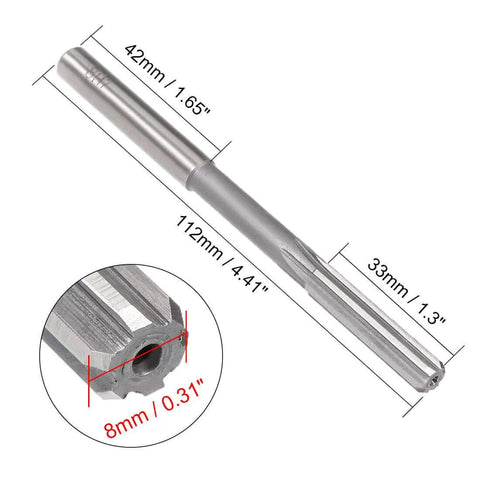 8mm H7 HSS Chucking Reamer For Lathe Machine With 6 Straight Flutes And Round Shank, Metric Reaming Drill Bit For Stainless Steel Holes, Beefy High Speed Steel Tool By Uxcell, shown with measurements.