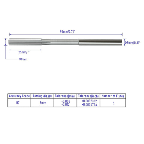 8mm Chucking Reamer H7 HSS M35 Cobalt Lathe Tool With 6 Straight Flutes and Round Shank. Technical specifications shown.