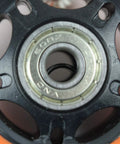 Close-up of inline skate wheel with 608 bearing and 8mm axle, featuring 8mm Bearing Spacers for Inline Skates Set to Increase Spin Speed