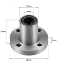 8mm linear ball bearings lm8uu round flange, 8mm bore, 15mm od, 24mm length front view showing dimensions