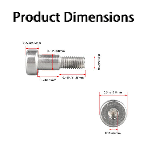 Five Pack 8mm Shoulder Bolts M6 Hex Socket Stainless Steel Rust Resistant Machine Screws For Machinery Automotive And Industrial Use dimensions