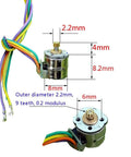 Close-up of 10 pair 8mm Micro Stepper Motor 2-Phase 4-Wire DC 5-6V with Connection line and gear, showing dimensions.