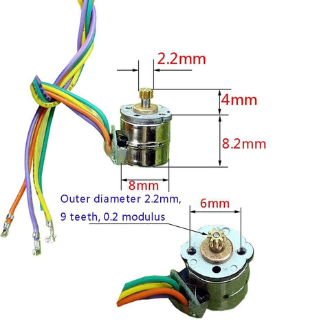 Close-up of 10 pair 8mm Micro Stepper Motor 2-Phase 4-Wire DC 5-6V with Connection line and gear, showing dimensions.