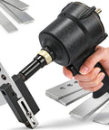 8mm Pneumatic Hole Puncher for Metal Sheets Heavy Duty Air Punch Tool held by a hand with metal sheets and clean holes