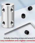 Six Piece 8mm Shaft Couplers Set with screws and Allen wrench for secure, rigid connections in machines or robots, high strength steel