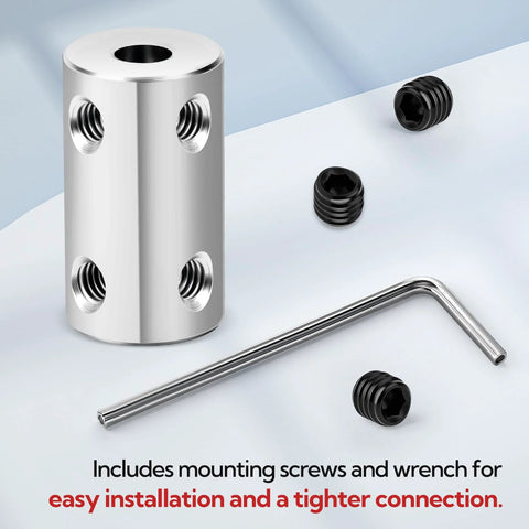 Six Piece 8mm Shaft Couplers Set with screws and Allen wrench for secure, rigid connections in machines or robots, high strength steel