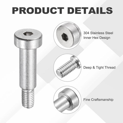 Eight Pack 8mm Shoulder Diameter 20mm Shoulder Length 304 Stainless Steel Hex Socket Shoulder Bolts M6x1 Thread Set product details